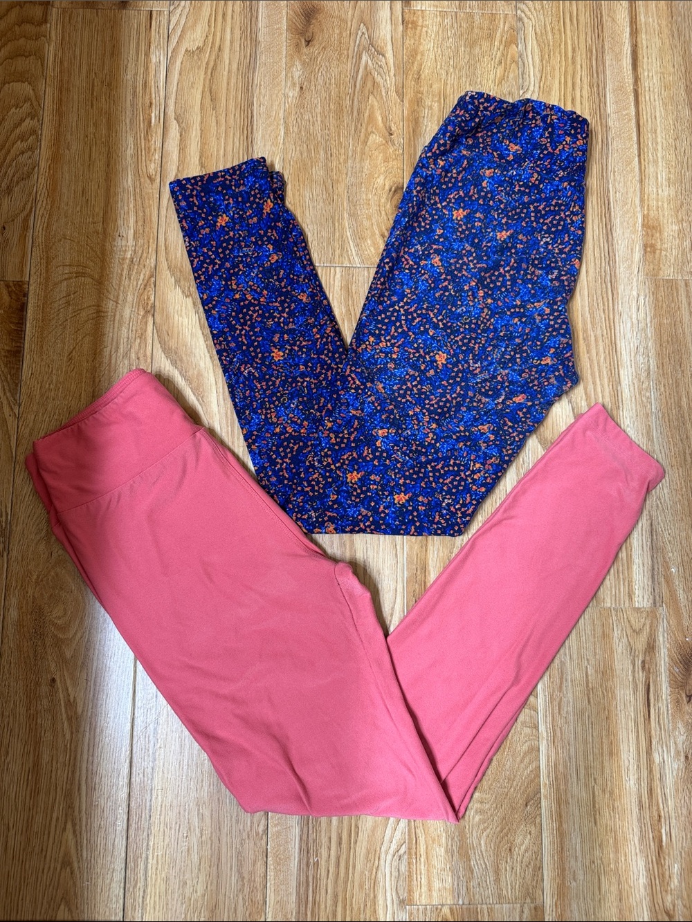 Two Women's LulaRoe Leggings - Blue and Orange Floral & Coral Pink